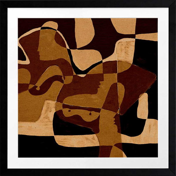 Earth-toned abstract artwork featuring layered organic forms in black, ochre, and beige with subtle linework, from the Shatha collection with Urban Road.