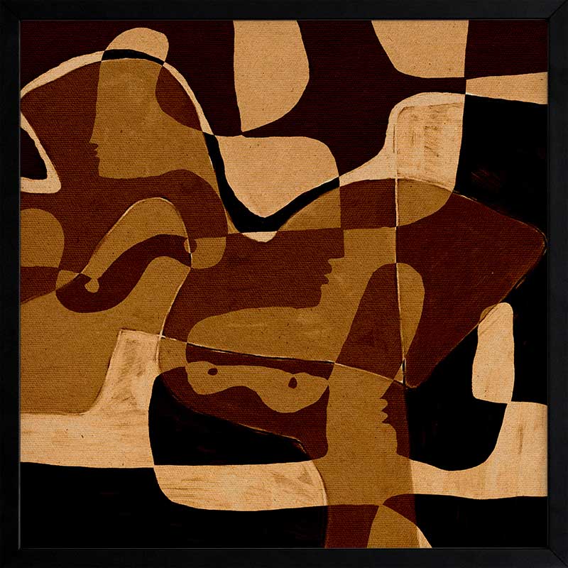 Earth-toned abstract artwork featuring layered organic forms in black, ochre, and beige with subtle linework, from the Shatha collection with Urban Road.