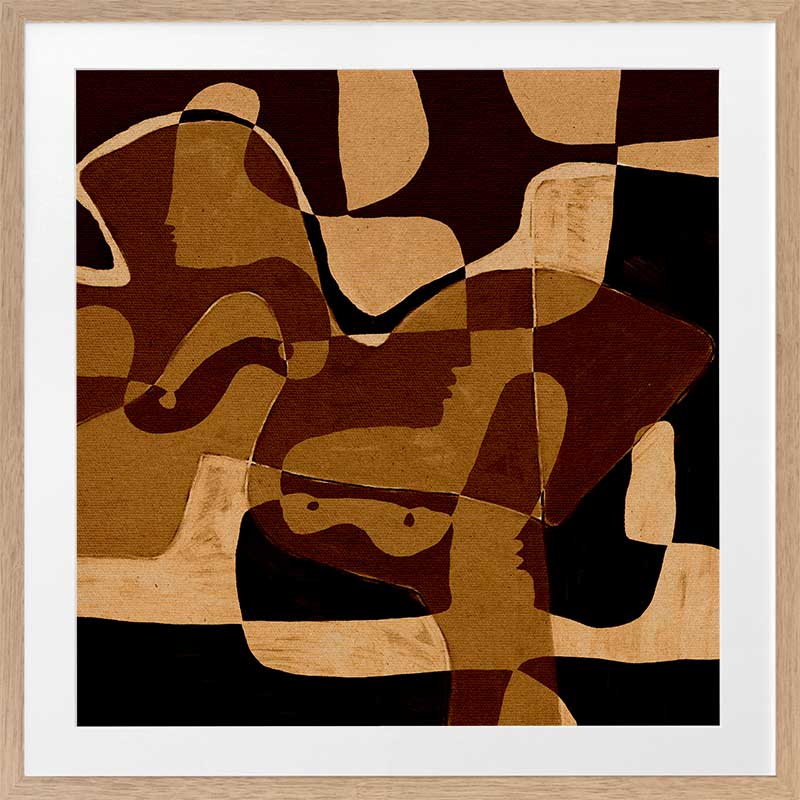 Earth-toned abstract artwork featuring layered organic forms in black, ochre, and beige with subtle linework, from the Shatha collection with Urban Road.