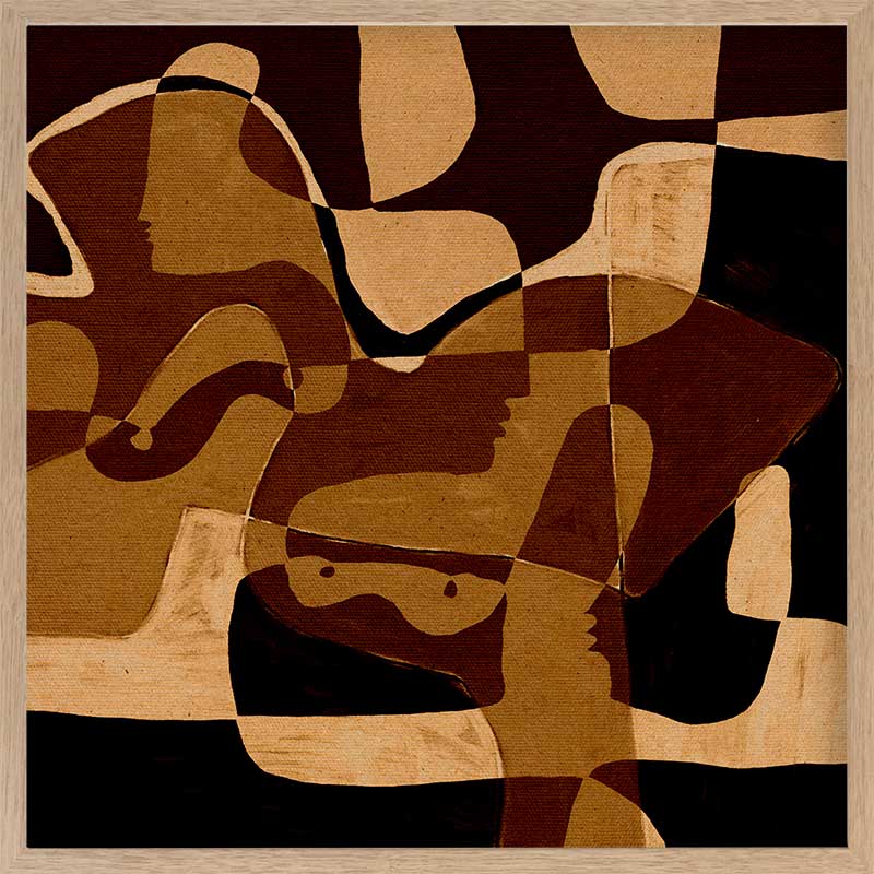 Earth-toned abstract artwork featuring layered organic forms in black, ochre, and beige with subtle linework, from the Shatha collection with Urban Road.