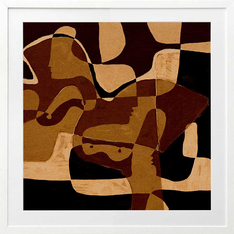 Earth-toned abstract artwork featuring layered organic forms in black, ochre, and beige with subtle linework, from the Shatha collection with Urban Road.
