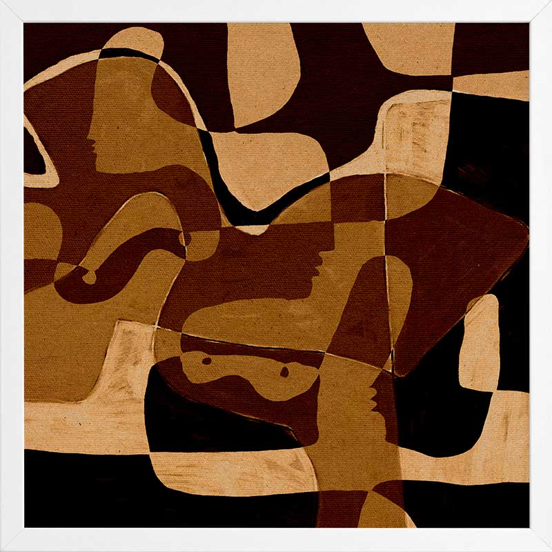 Earth-toned abstract artwork featuring layered organic forms in black, ochre, and beige with subtle linework, from the Shatha collection with Urban Road.