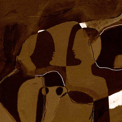 Dark and moody abstract piece with overlapping warm brown shapes and softly contoured silhouettes, from the Shatha collection with Urban Road.