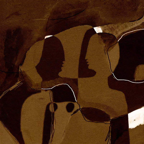 Dark and moody abstract piece with overlapping warm brown shapes and softly contoured silhouettes, from the Shatha collection with Urban Road.