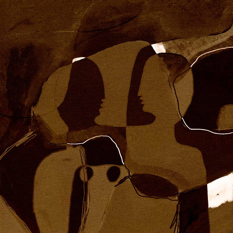 Dark and moody abstract piece with overlapping warm brown shapes and softly contoured silhouettes, from the Shatha collection with Urban Road.