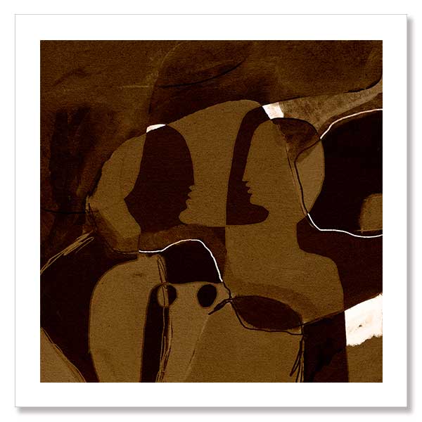 Dark and moody abstract piece with overlapping warm brown shapes and softly contoured silhouettes, from the Shatha collection with Urban Road.