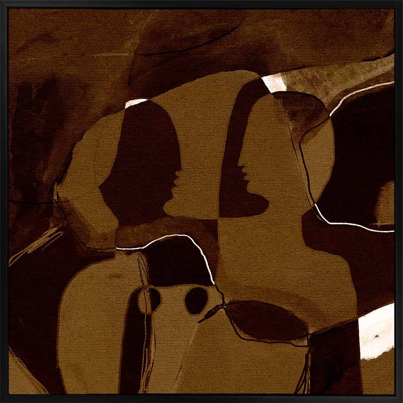 Dark and moody abstract piece with overlapping warm brown shapes and softly contoured silhouettes, from the Shatha collection with Urban Road.