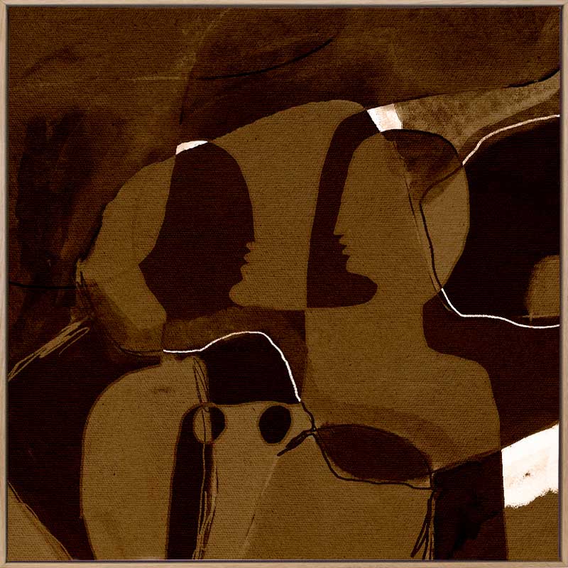 Dark and moody abstract piece with overlapping warm brown shapes and softly contoured silhouettes, from the Shatha collection with Urban Road.