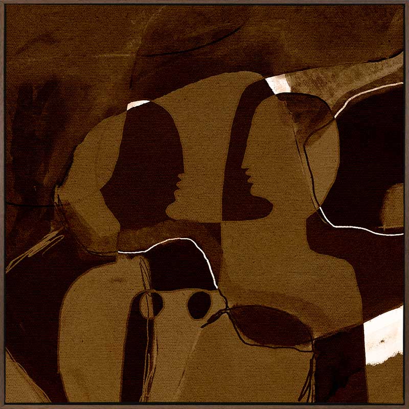 Dark and moody abstract piece with overlapping warm brown shapes and softly contoured silhouettes, from the Shatha collection with Urban Road.