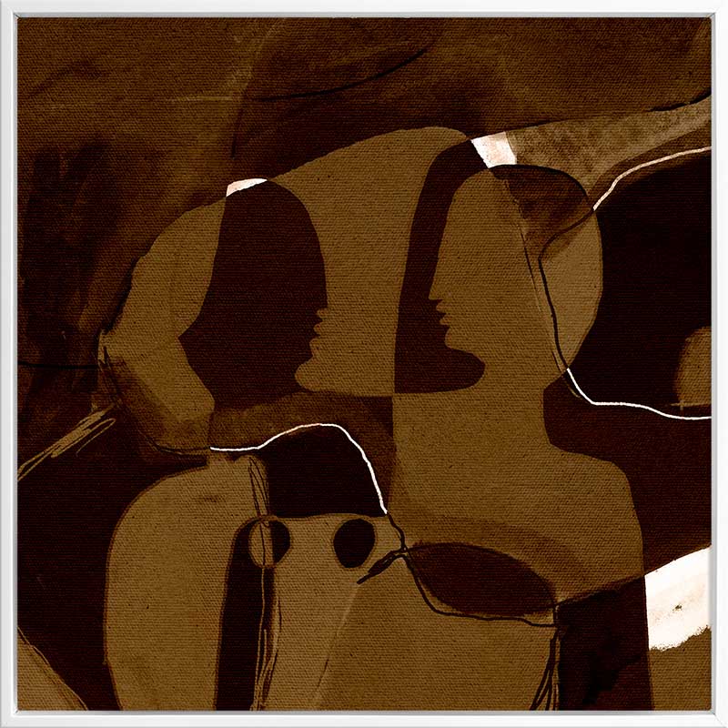 Dark and moody abstract piece with overlapping warm brown shapes and softly contoured silhouettes, from the Shatha collection with Urban Road.