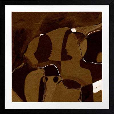 Dark and moody abstract piece with overlapping warm brown shapes and softly contoured silhouettes, from the Shatha collection with Urban Road.