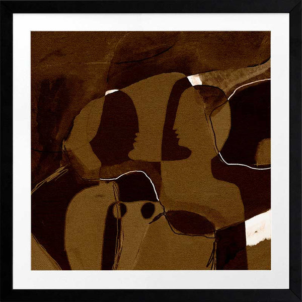 Dark and moody abstract piece with overlapping warm brown shapes and softly contoured silhouettes, from the Shatha collection with Urban Road.