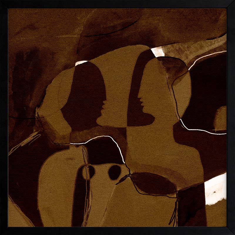 Dark and moody abstract piece with overlapping warm brown shapes and softly contoured silhouettes, from the Shatha collection with Urban Road.