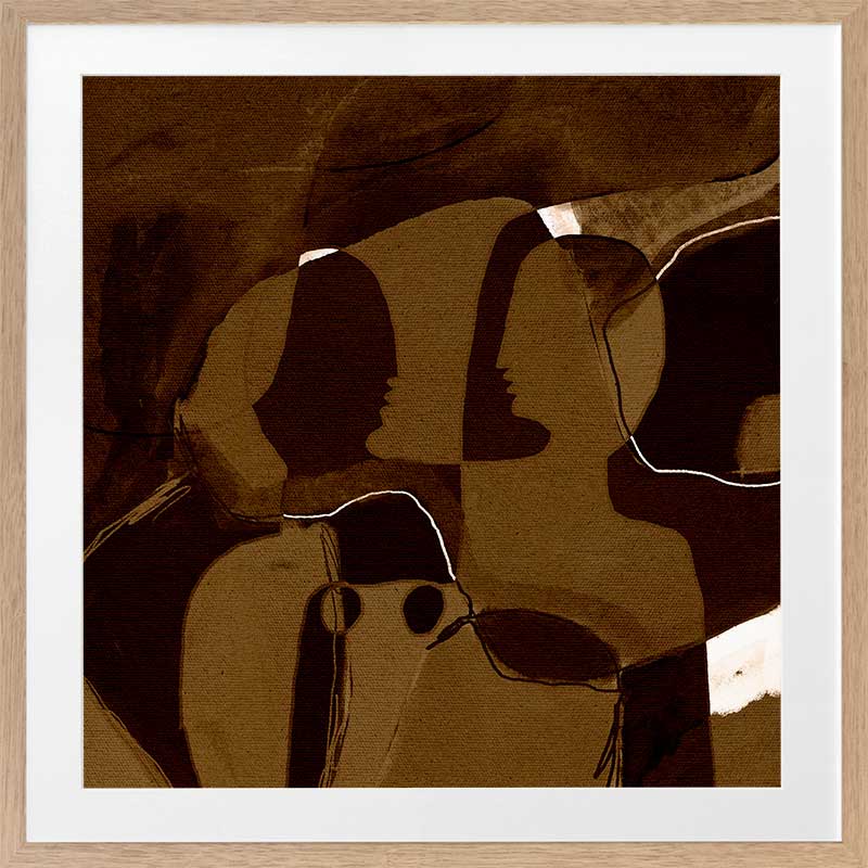 Dark and moody abstract piece with overlapping warm brown shapes and softly contoured silhouettes, from the Shatha collection with Urban Road.