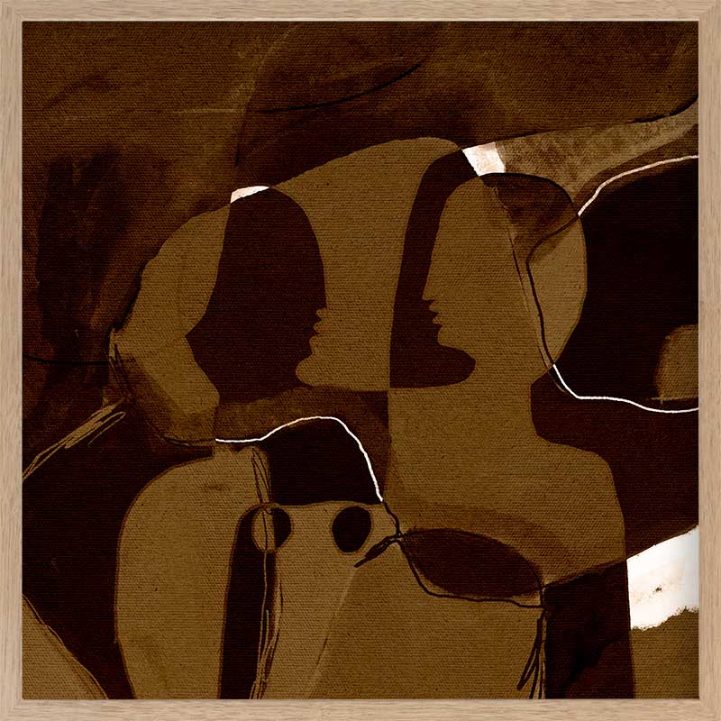Dark and moody abstract piece with overlapping warm brown shapes and softly contoured silhouettes, from the Shatha collection with Urban Road.