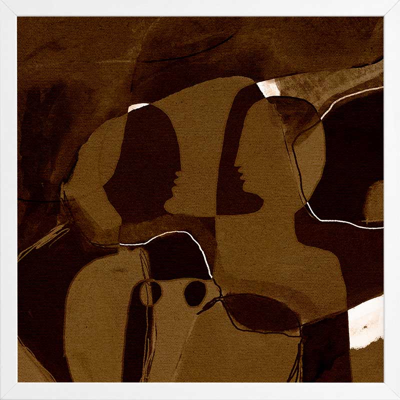 Dark and moody abstract piece with overlapping warm brown shapes and softly contoured silhouettes, from the Shatha collection with Urban Road.