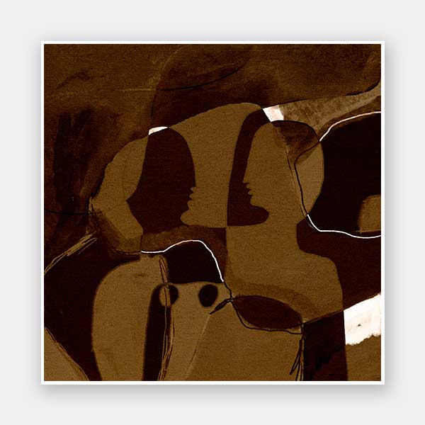 Dark and moody abstract piece with overlapping warm brown shapes and softly contoured silhouettes, from the Shatha collection with Urban Road.