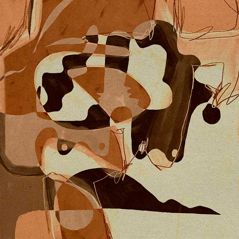 Playful abstract art with fluid peach and terracotta tones contrasted by bold line details and rounded forms, from the Shatha collection with Urban Road.