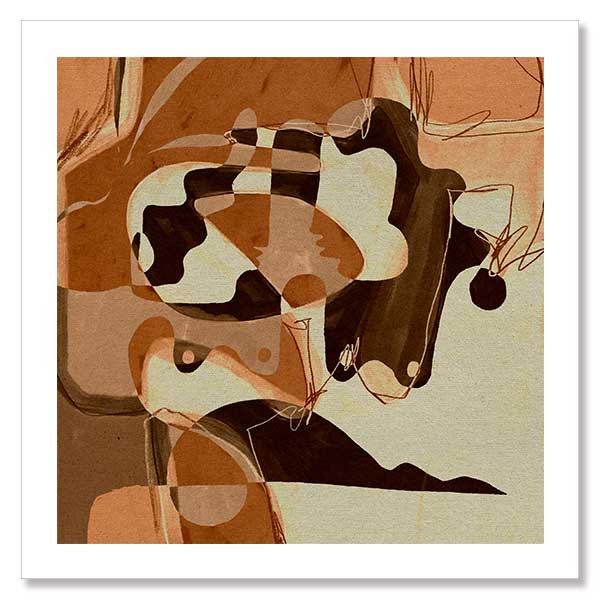 Playful abstract art with fluid peach and terracotta tones contrasted by bold line details and rounded forms, from the Shatha collection with Urban Road.