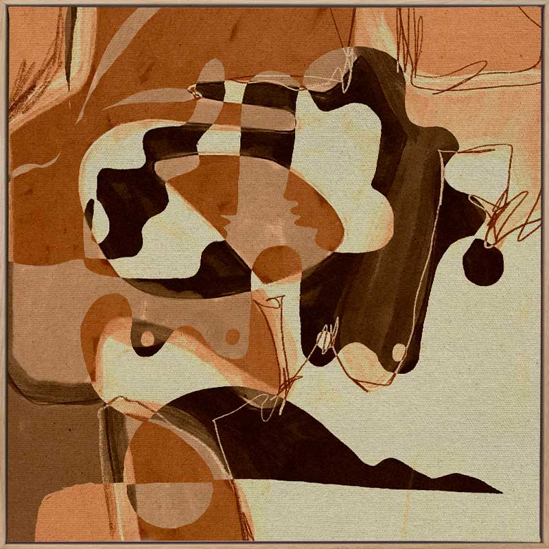 Playful abstract art with fluid peach and terracotta tones contrasted by bold line details and rounded forms, from the Shatha collection with Urban Road.