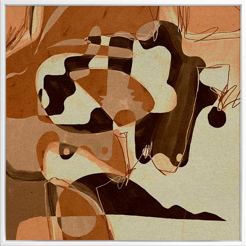 Playful abstract art with fluid peach and terracotta tones contrasted by bold line details and rounded forms, from the Shatha collection with Urban Road.
