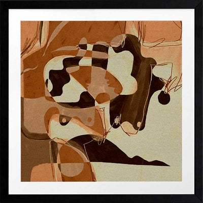 Playful abstract art with fluid peach and terracotta tones contrasted by bold line details and rounded forms, from the Shatha collection with Urban Road.