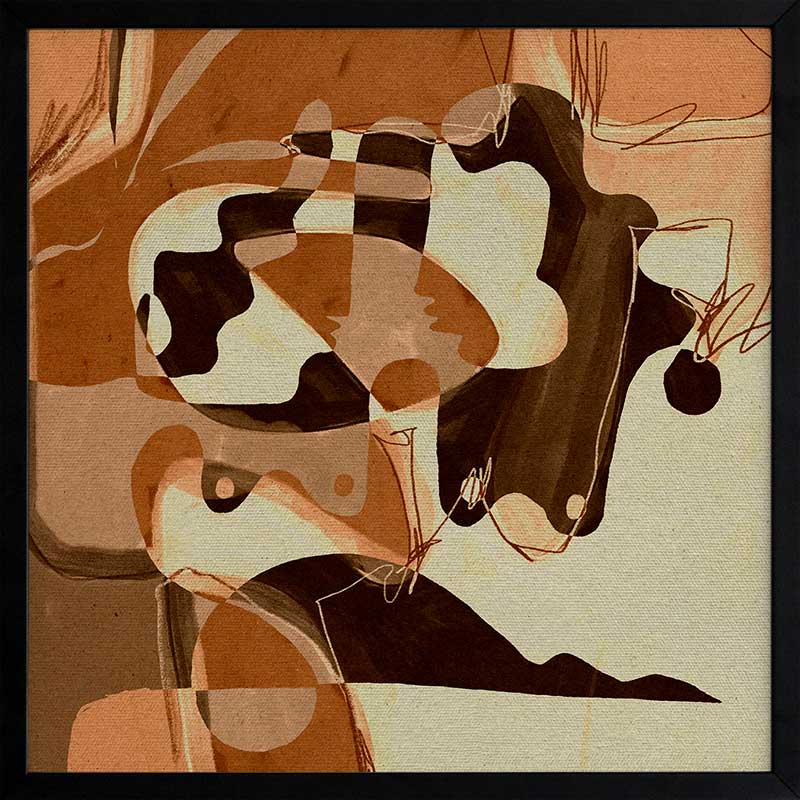 Playful abstract art with fluid peach and terracotta tones contrasted by bold line details and rounded forms, from the Shatha collection with Urban Road.