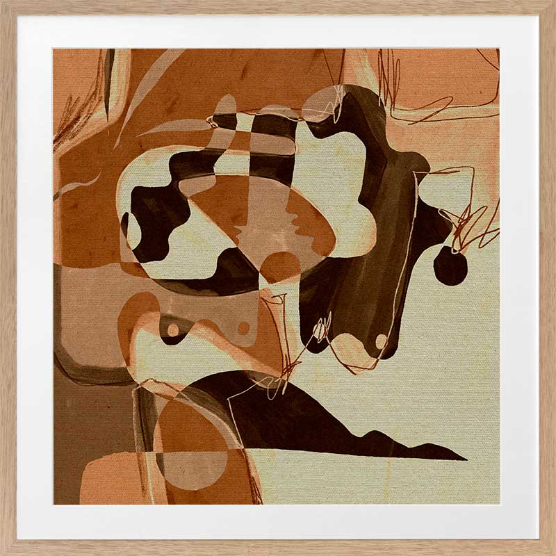 Playful abstract art with fluid peach and terracotta tones contrasted by bold line details and rounded forms, from the Shatha collection with Urban Road.