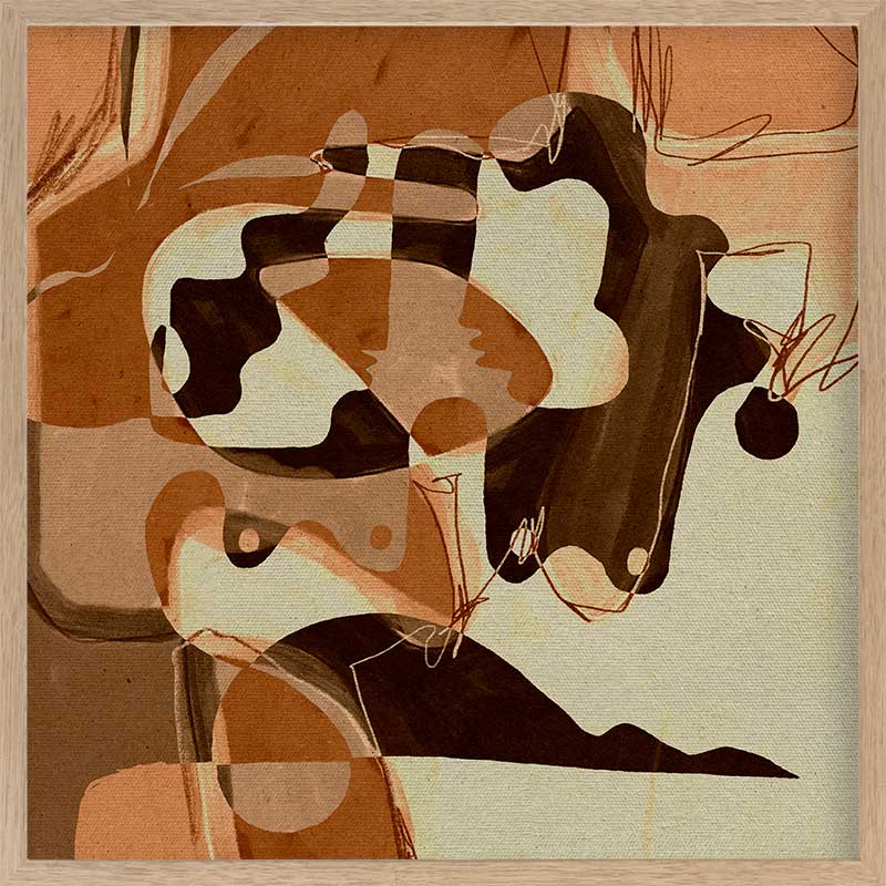 Playful abstract art with fluid peach and terracotta tones contrasted by bold line details and rounded forms, from the Shatha collection with Urban Road.