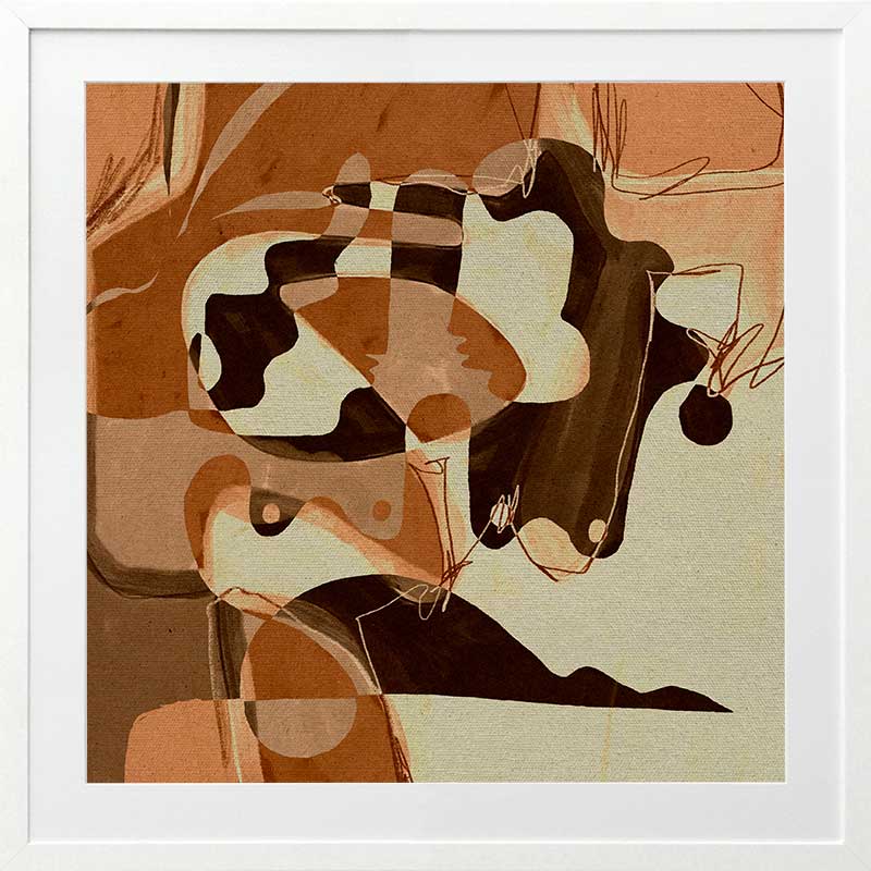 Playful abstract art with fluid peach and terracotta tones contrasted by bold line details and rounded forms, from the Shatha collection with Urban Road.