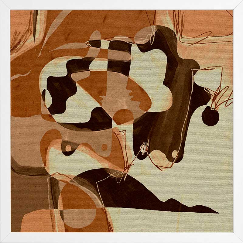 Playful abstract art with fluid peach and terracotta tones contrasted by bold line details and rounded forms, from the Shatha collection with Urban Road.