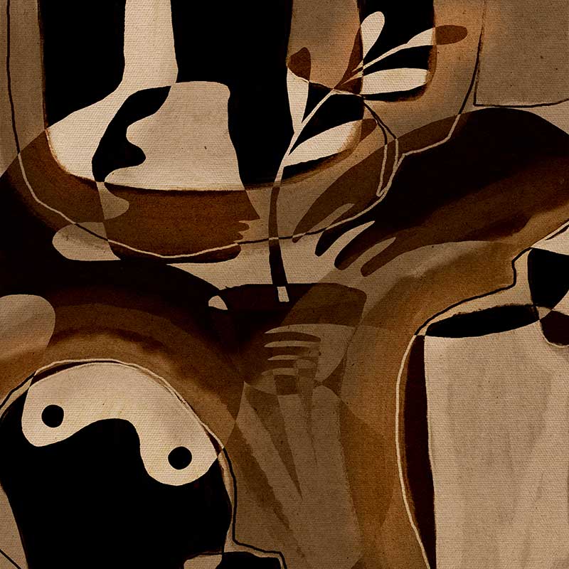 Expressive abstract composition with deep shadows, curved hand forms, and layered neutrals in tan and espresso, from the Shatha collection with Urban Road.