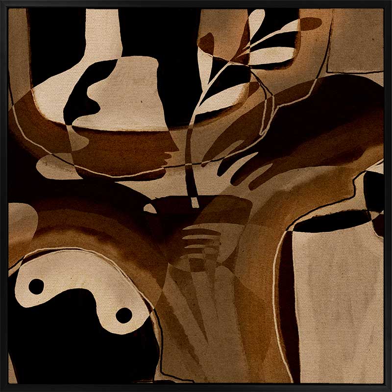 Expressive abstract composition with deep shadows, curved hand forms, and layered neutrals in tan and espresso, from the Shatha collection with Urban Road.