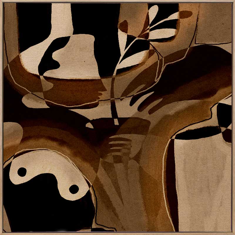 Expressive abstract composition with deep shadows, curved hand forms, and layered neutrals in tan and espresso, from the Shatha collection with Urban Road.