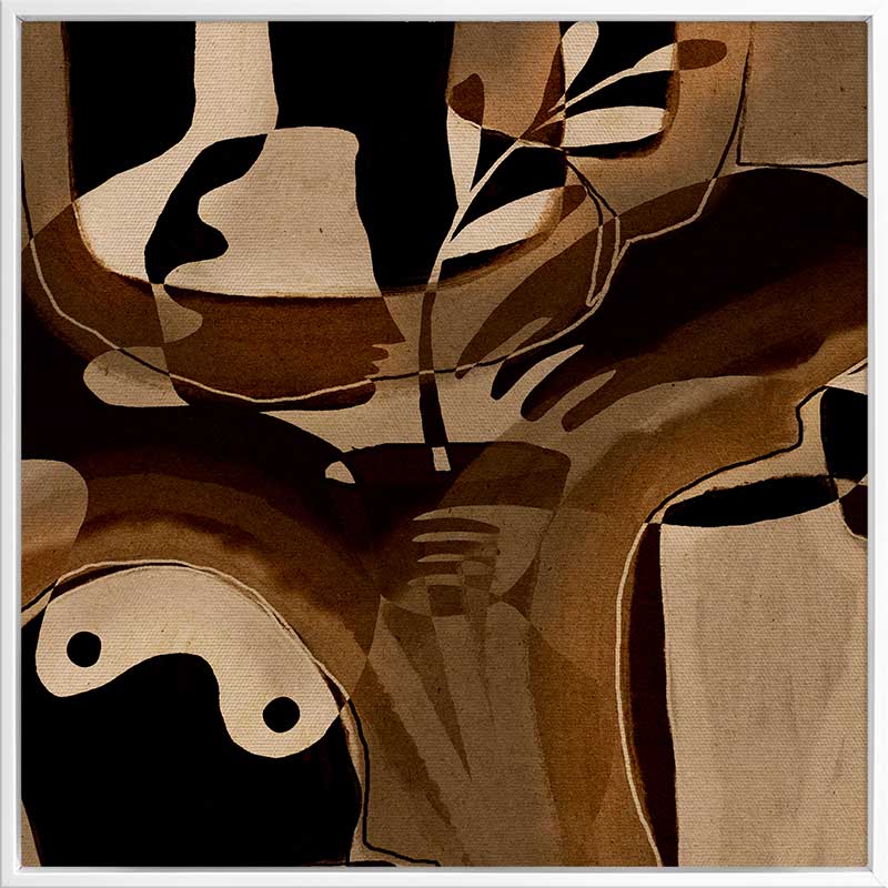 Expressive abstract composition with deep shadows, curved hand forms, and layered neutrals in tan and espresso, from the Shatha collection with Urban Road.