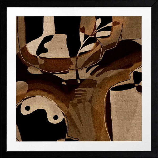 Expressive abstract composition with deep shadows, curved hand forms, and layered neutrals in tan and espresso, from the Shatha collection with Urban Road.