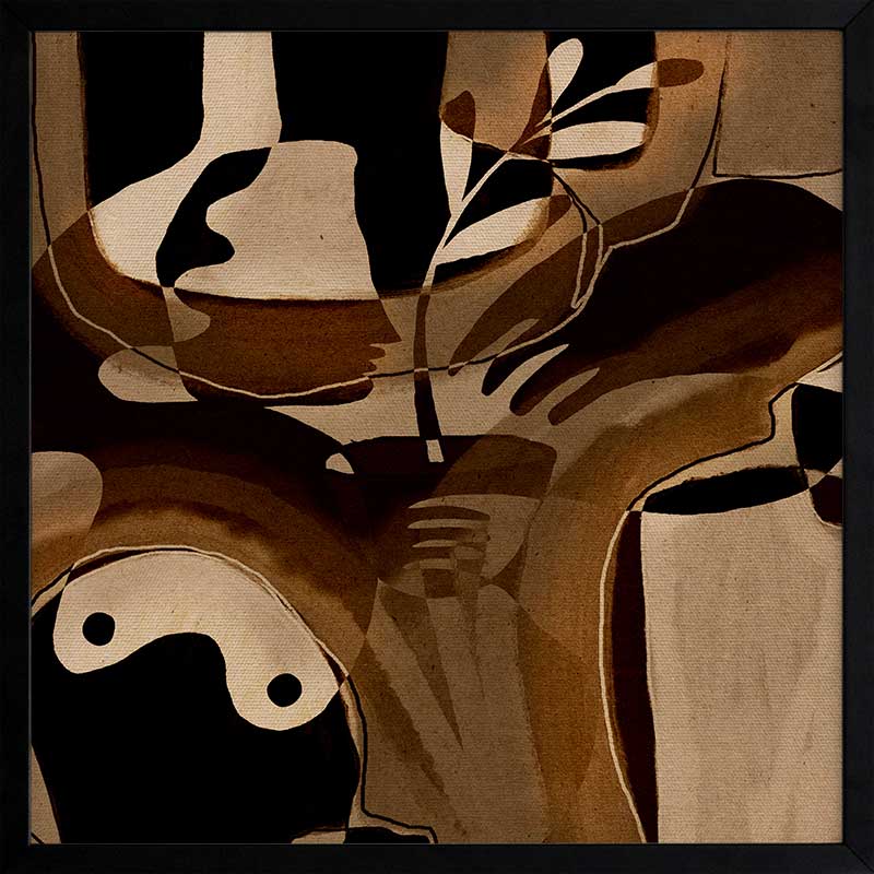 Expressive abstract composition with deep shadows, curved hand forms, and layered neutrals in tan and espresso, from the Shatha collection with Urban Road.