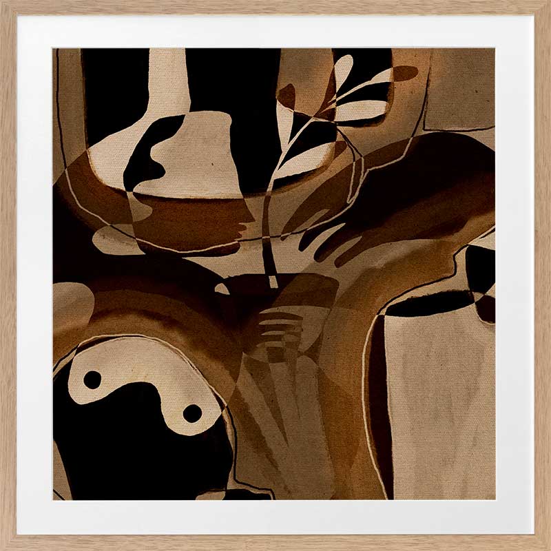 Expressive abstract composition with deep shadows, curved hand forms, and layered neutrals in tan and espresso, from the Shatha collection with Urban Road.