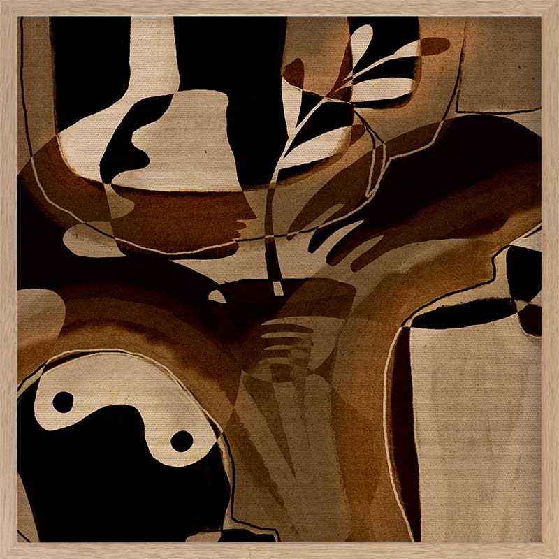 Expressive abstract composition with deep shadows, curved hand forms, and layered neutrals in tan and espresso, from the Shatha collection with Urban Road.