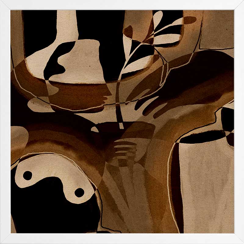 Expressive abstract composition with deep shadows, curved hand forms, and layered neutrals in tan and espresso, from the Shatha collection with Urban Road.