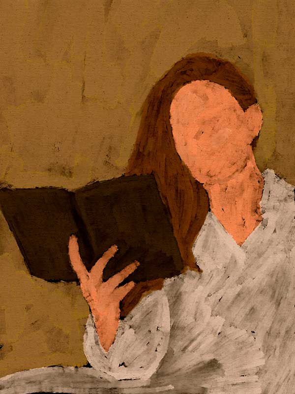 Figurative artwork depicting a faceless woman in a white blouse reading a book, set against a warm neutral background, from the Shatha collection with Urban Road.