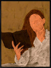 Figurative artwork depicting a faceless woman in a white blouse reading a book, set against a warm neutral background, from the Shatha collection with Urban Road.