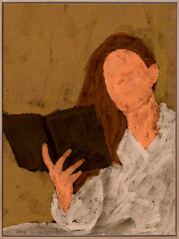 Figurative artwork depicting a faceless woman in a white blouse reading a book, set against a warm neutral background, from the Shatha collection with Urban Road.