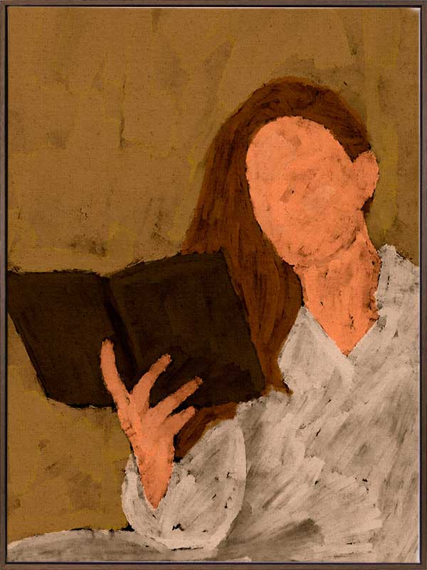 Figurative artwork depicting a faceless woman in a white blouse reading a book, set against a warm neutral background, from the Shatha collection with Urban Road.