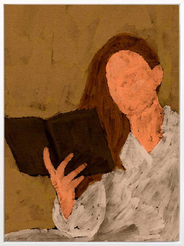 Figurative artwork depicting a faceless woman in a white blouse reading a book, set against a warm neutral background, from the Shatha collection with Urban Road.
