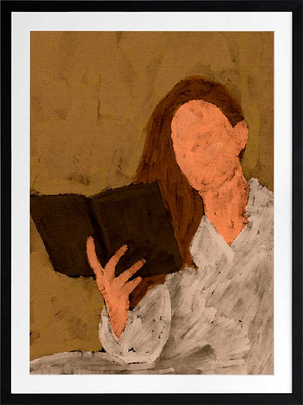 Figurative artwork depicting a faceless woman in a white blouse reading a book, set against a warm neutral background, from the Shatha collection with Urban Road.