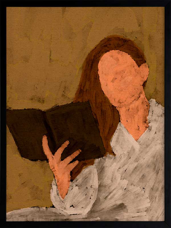 Figurative artwork depicting a faceless woman in a white blouse reading a book, set against a warm neutral background, from the Shatha collection with Urban Road.
