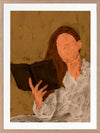 Figurative artwork depicting a faceless woman in a white blouse reading a book, set against a warm neutral background, from the Shatha collection with Urban Road.