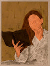 Figurative artwork depicting a faceless woman in a white blouse reading a book, set against a warm neutral background, from the Shatha collection with Urban Road.