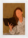 Figurative artwork depicting a faceless woman in a white blouse reading a book, set against a warm neutral background, from the Shatha collection with Urban Road.